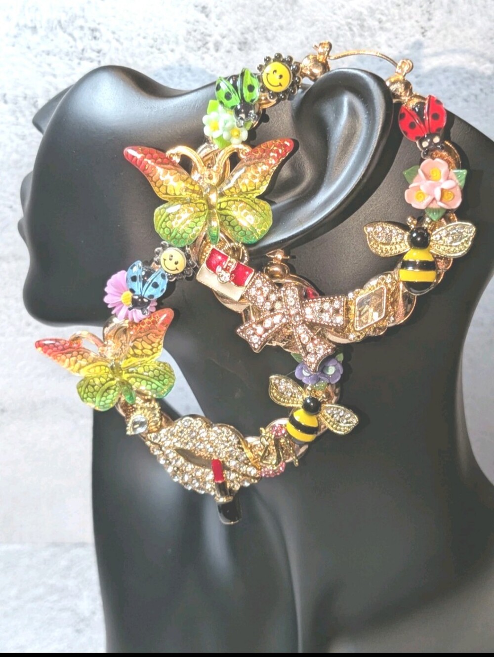 Hand Crafted Multicolor Enamel Butterfly, Bee & Ladybug Hoop Earrings - Golden